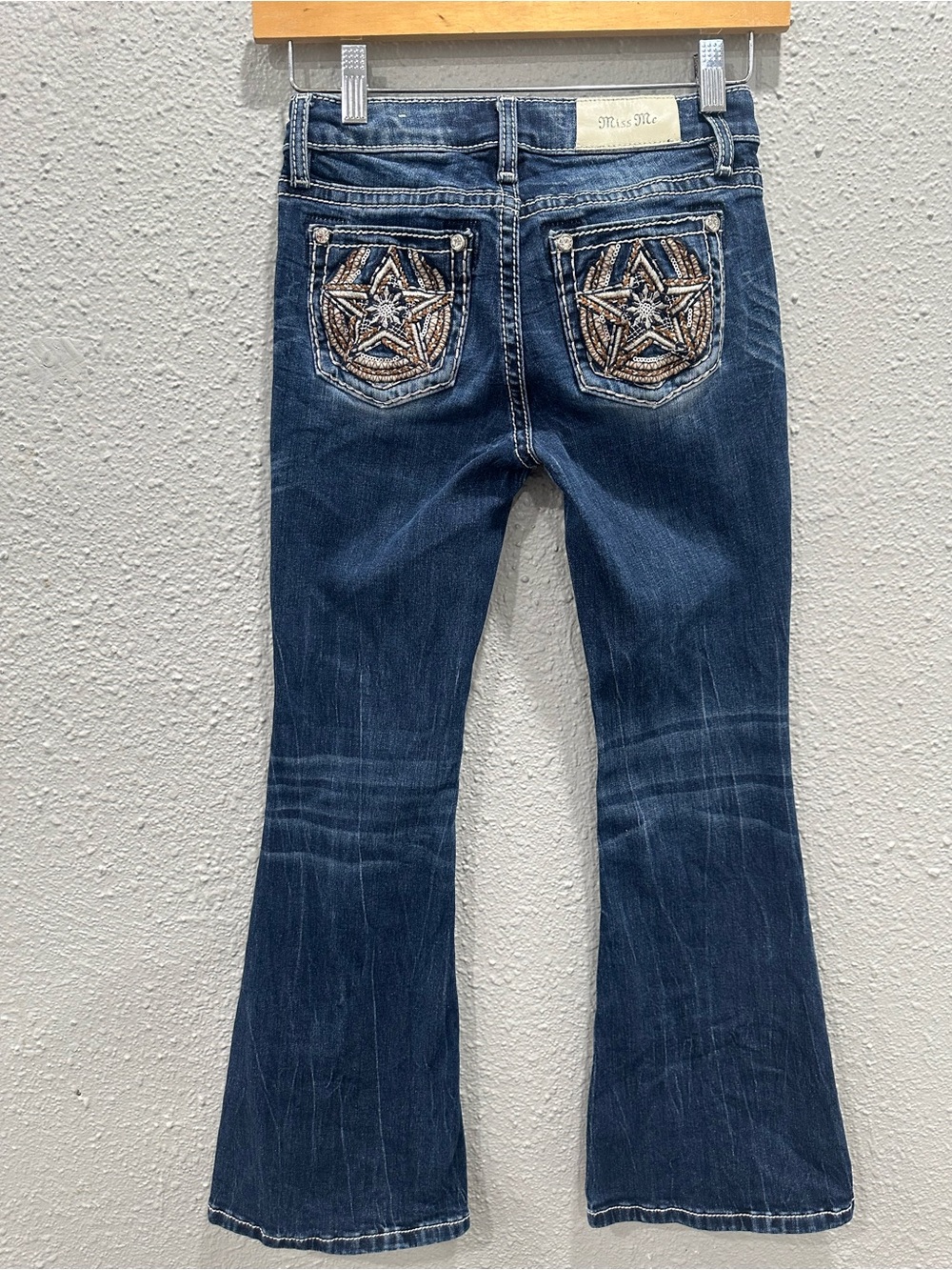 MISS ME Youth Girls Mid Rise Flare Distressed Blue Jeans Size 10 Star Sequin